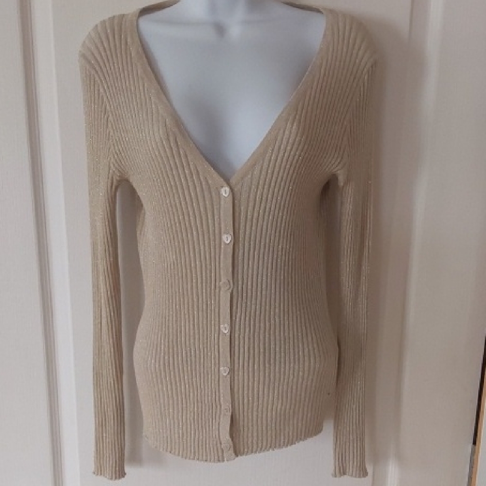 Molly Bracken Beige/Gold Lurex V-Neck Button Sweater